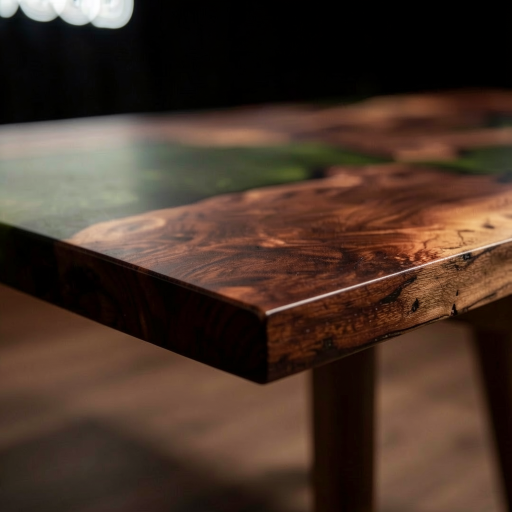 Customized green epoxy resin walnut wood dining table