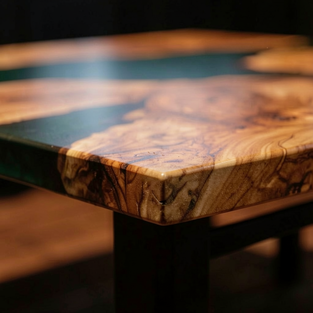 Custom-made green epoxy resin round dining table, made of olive wood.