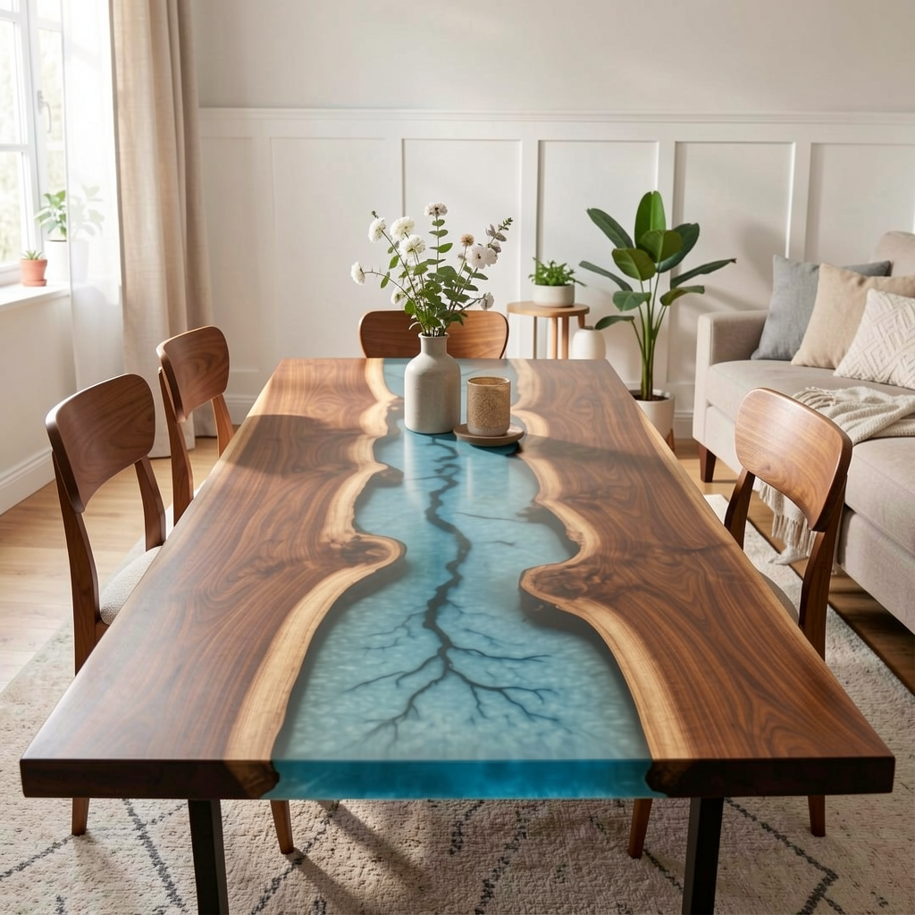 Stunning Black Walnut & Blue Resin Dining Table with Crackle Detail