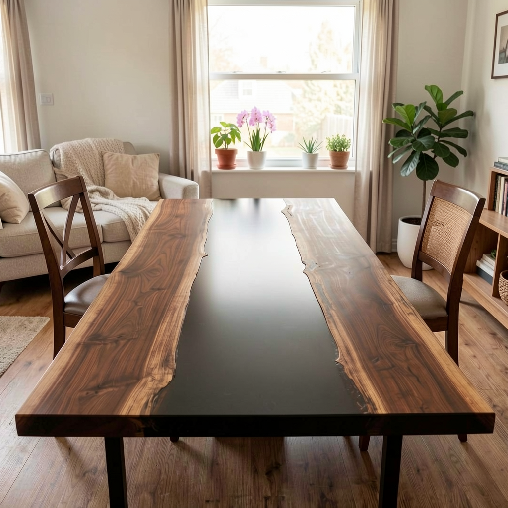 This is a custom-made, pure black epoxy resin dining table made of black walnut wood.