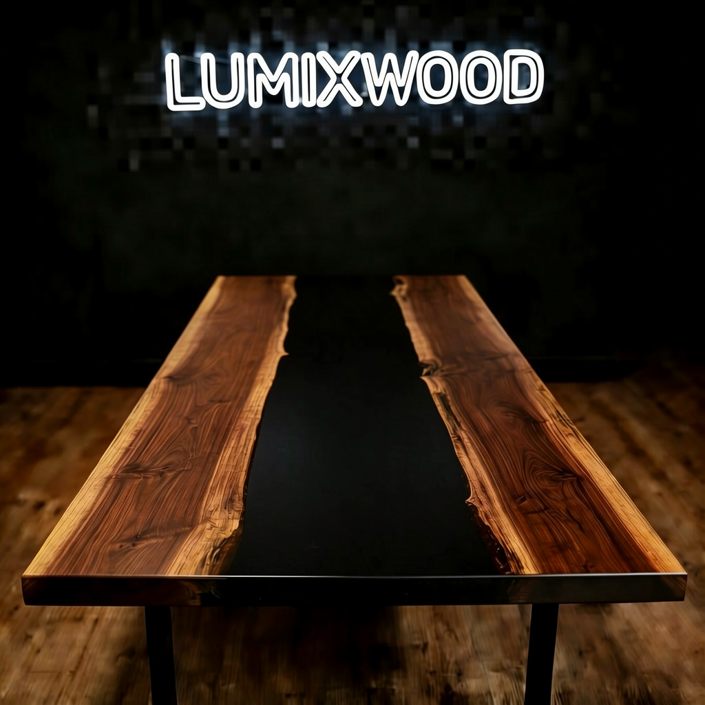 This is a custom-made, pure black epoxy resin dining table made of black walnut wood.