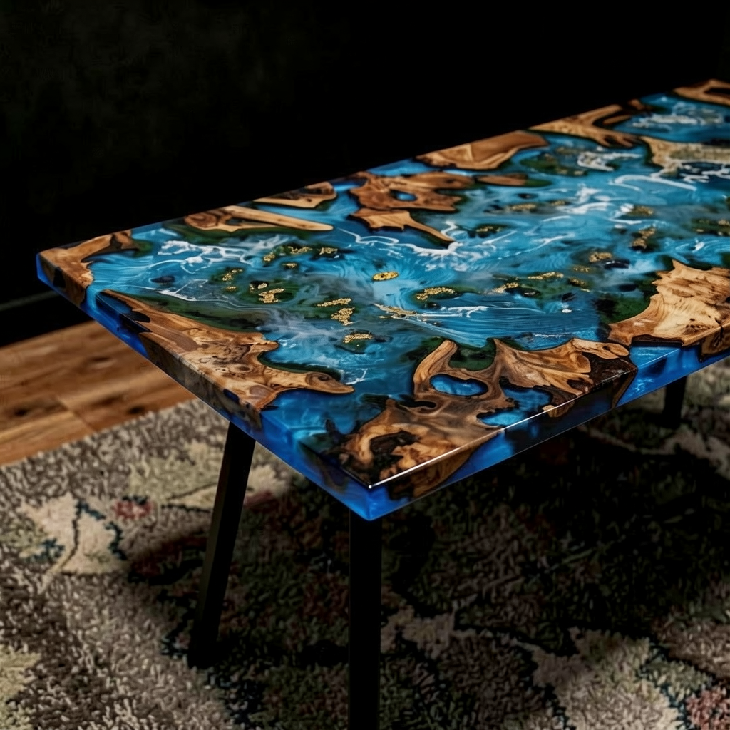 A custom-made cedar wood dining table adorned with blue epoxy resin.
