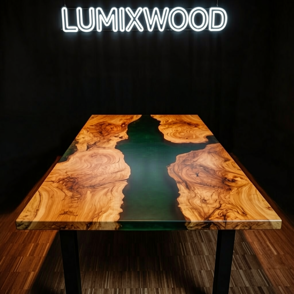 Custom-made green epoxy resin round dining table, made of olive wood.