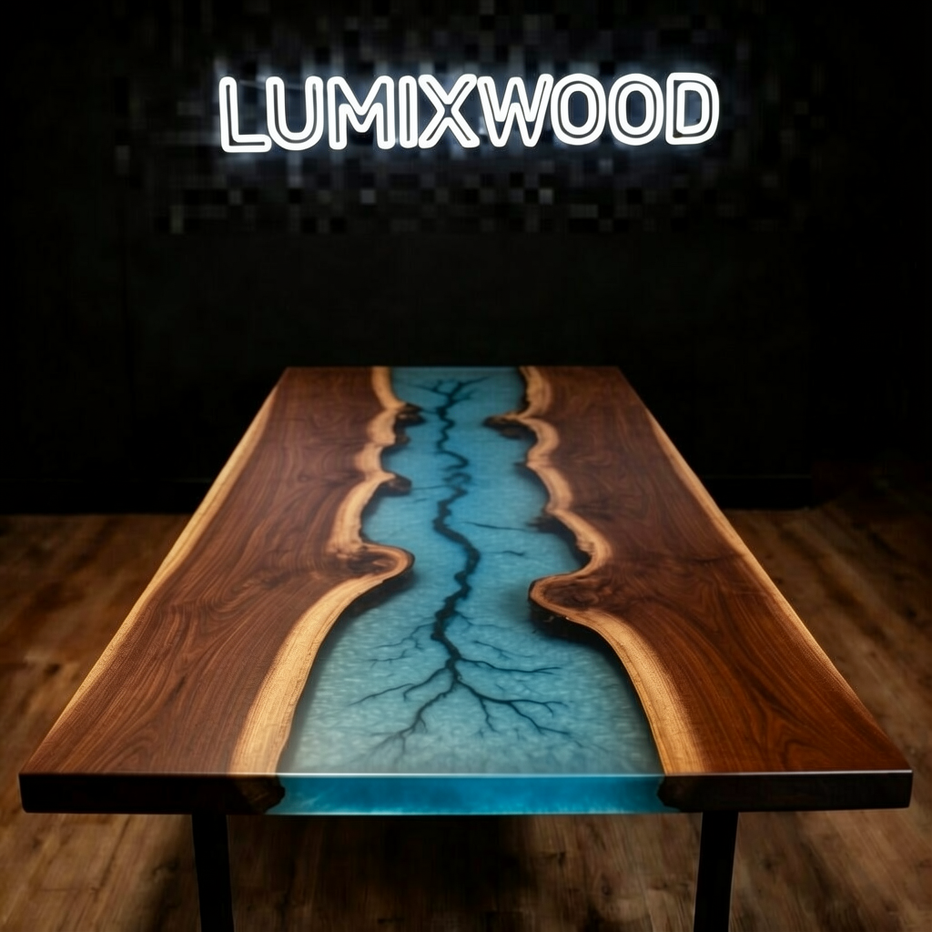Stunning Black Walnut & Blue Resin Dining Table with Crackle Detail