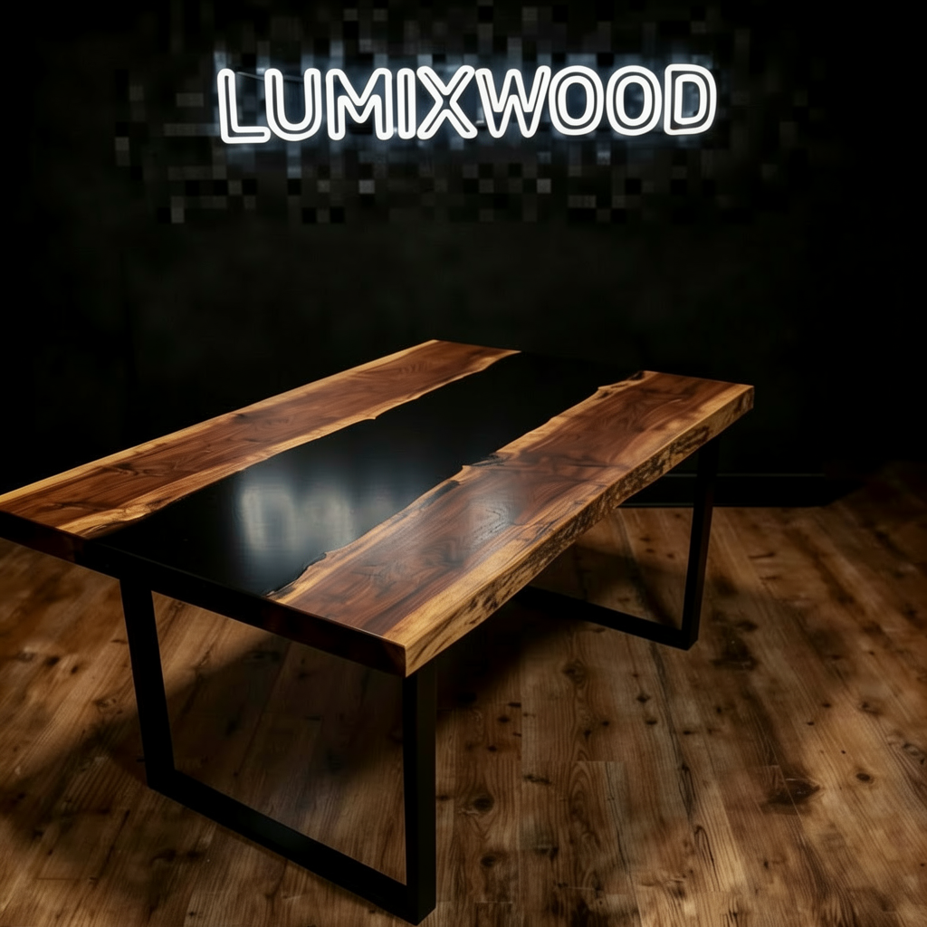This is a custom-made, pure black epoxy resin dining table made of black walnut wood.