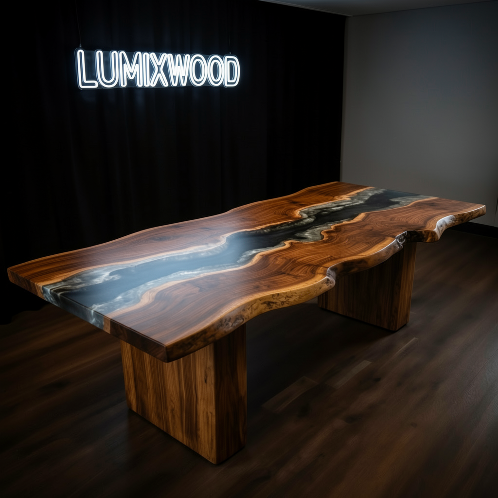 Custom-made walnut wood epoxy resin natural side table
