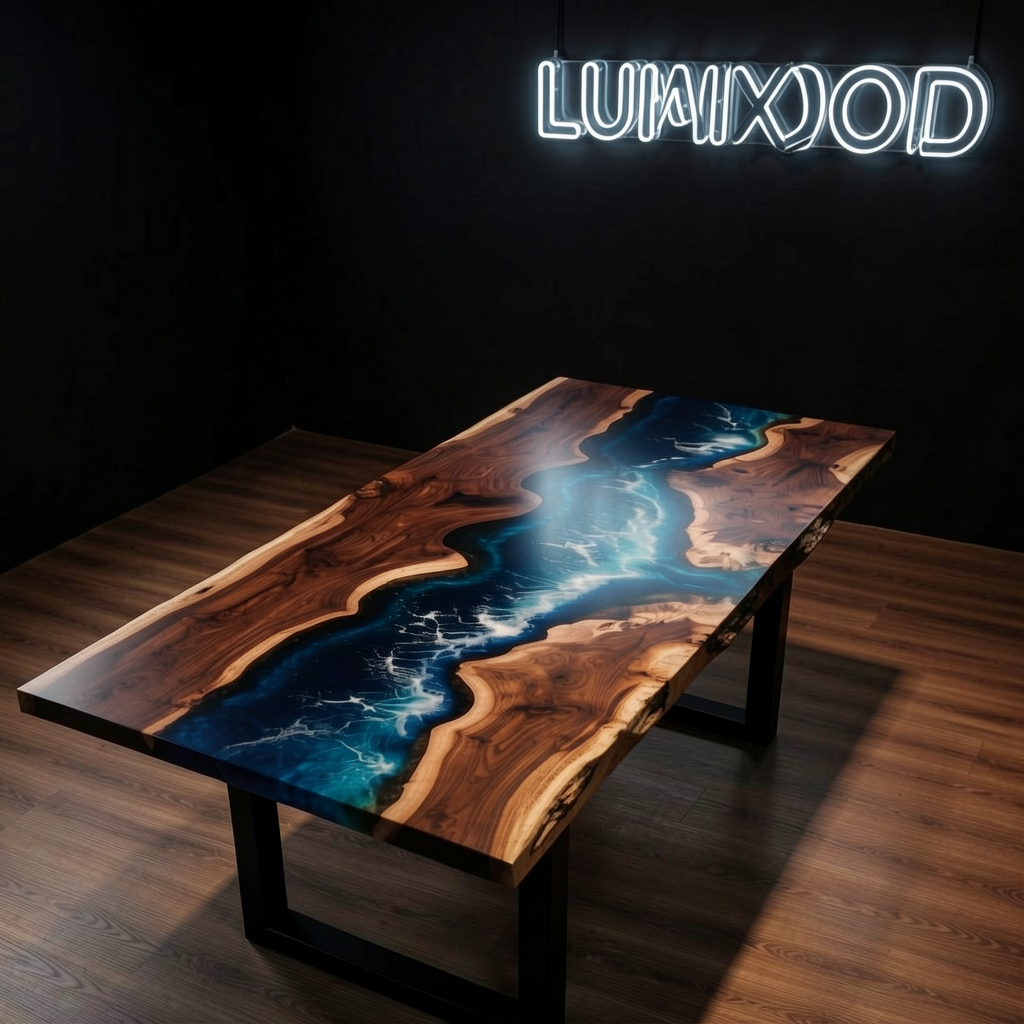 Custom North American black walnut wood epoxy resin wave-shaped coffee table