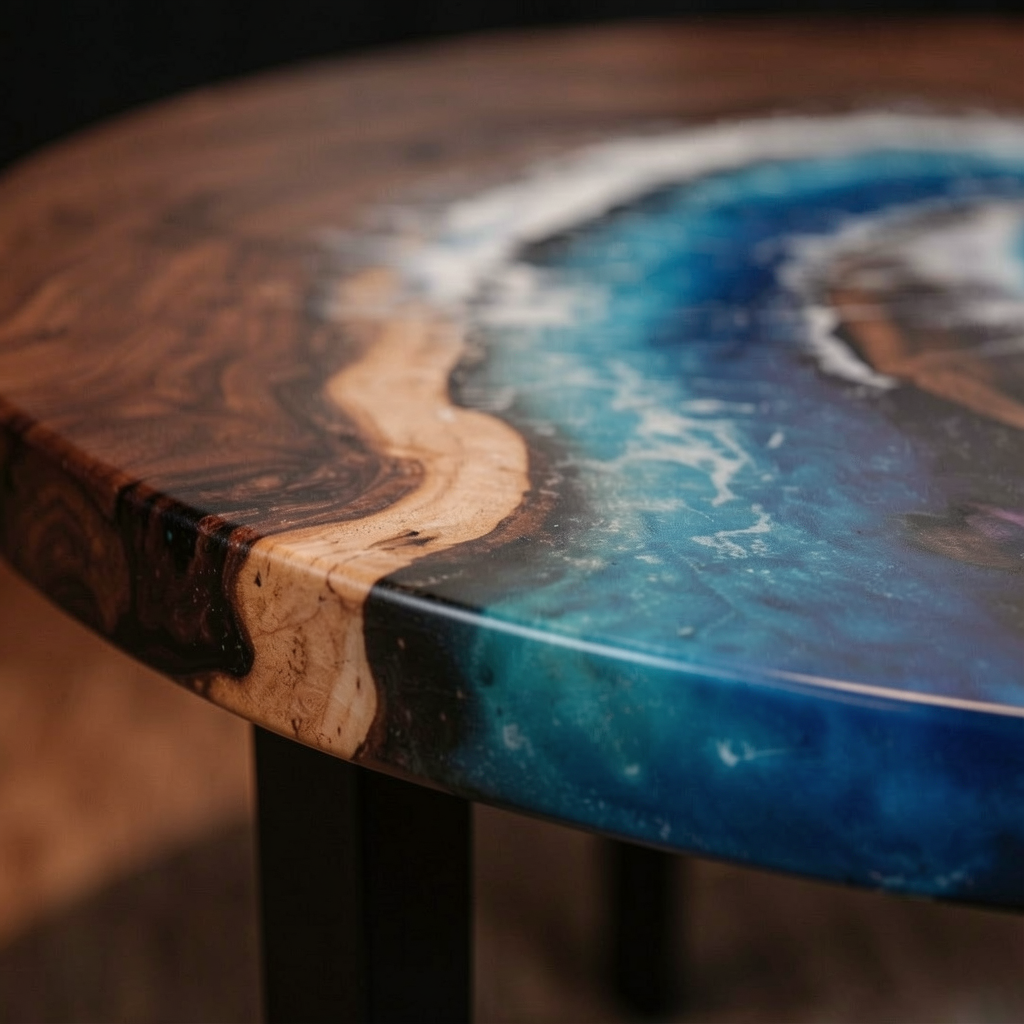 Custom North American black walnut wood epoxy resin wave coffee table