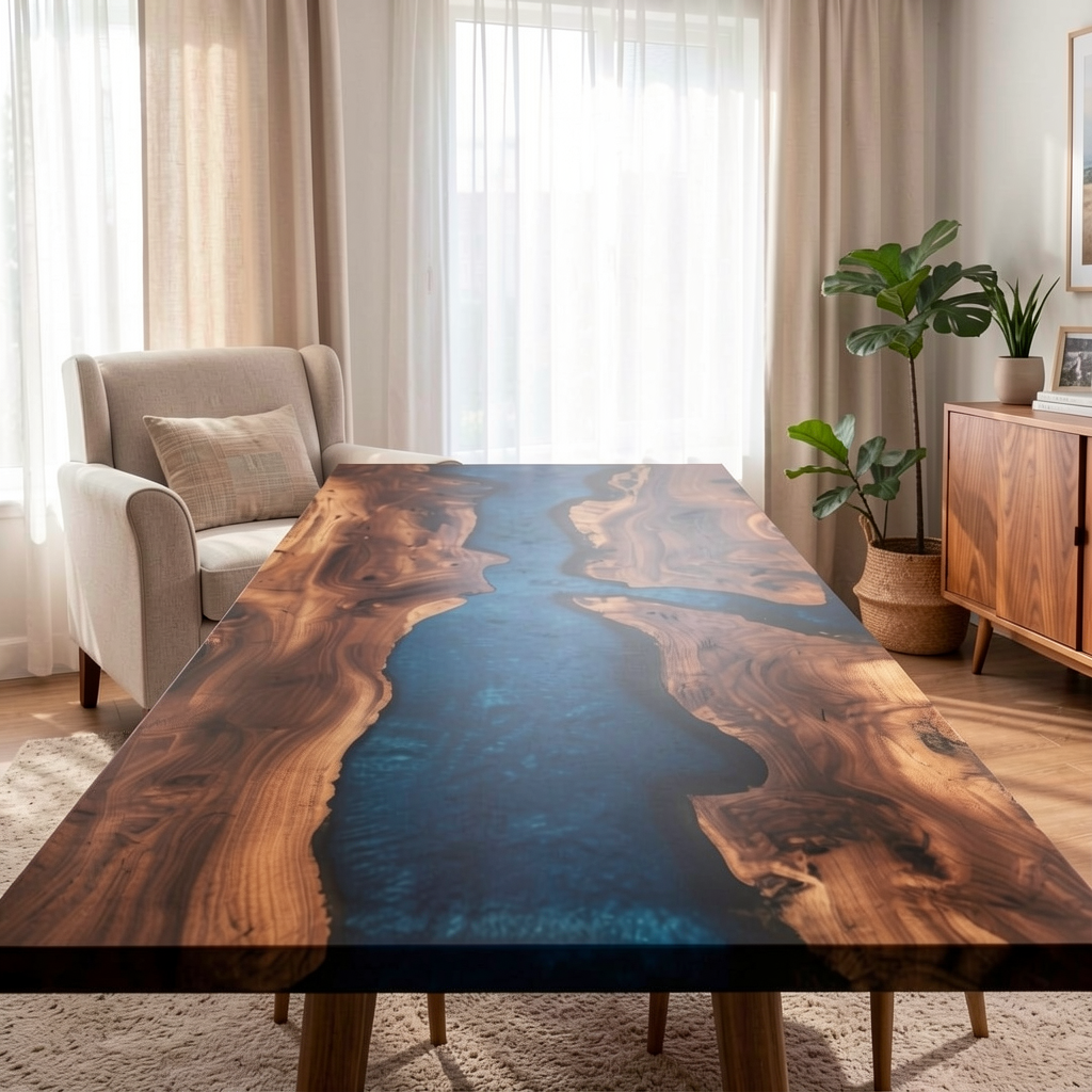 Custom South American walnut wood epoxy resin wave dining table