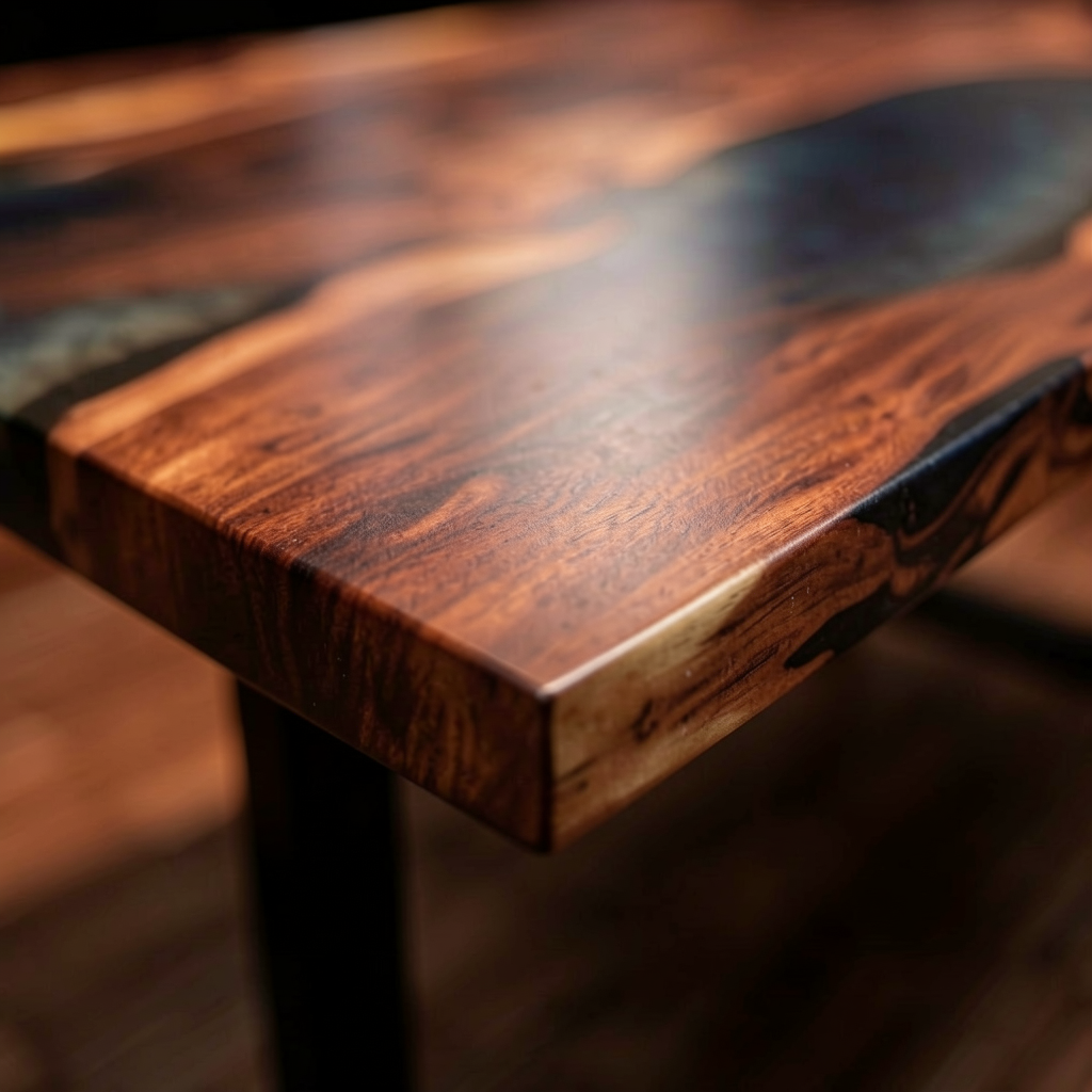 Custom blue epoxy resin dining table, made of walnut wood