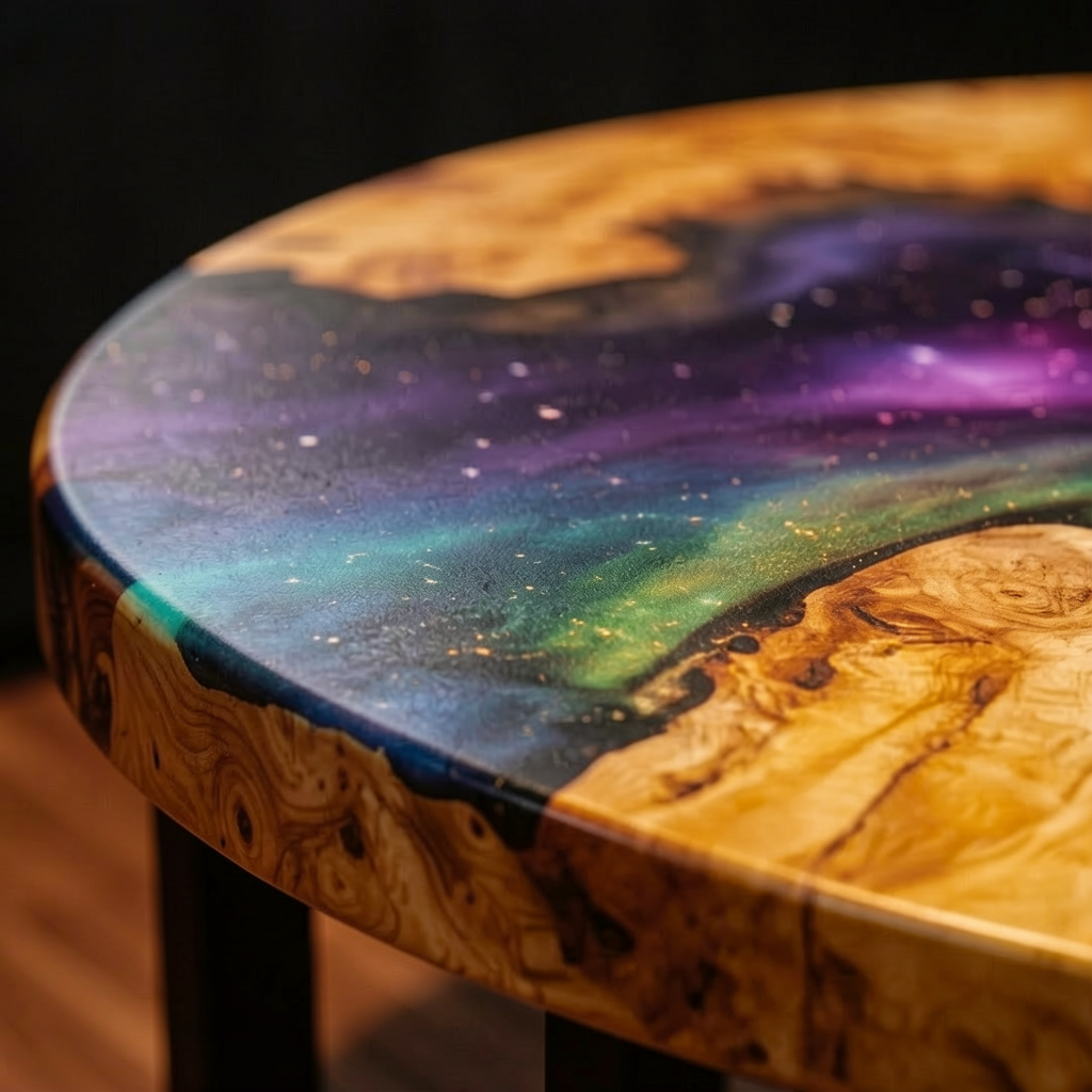 Custom-designed starry sky epoxy resin round coffee table, made of olive wood.
