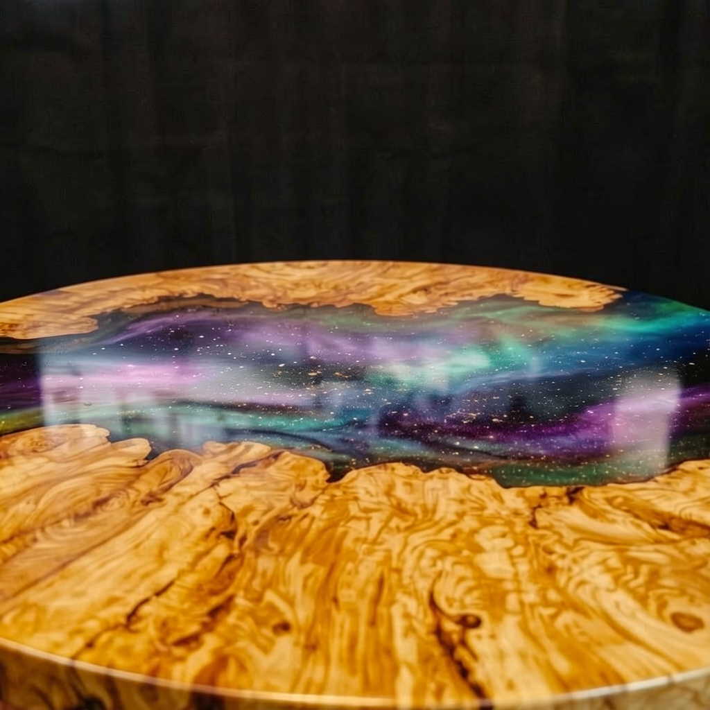 Custom-designed starry sky epoxy resin round coffee table, made of olive wood.
