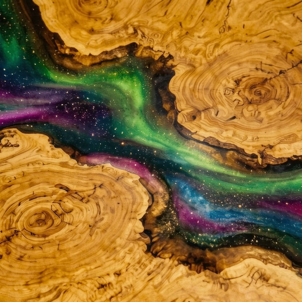 Stunning Olive Wood & Aurora Resin Table – Handcrafted Statement Piece