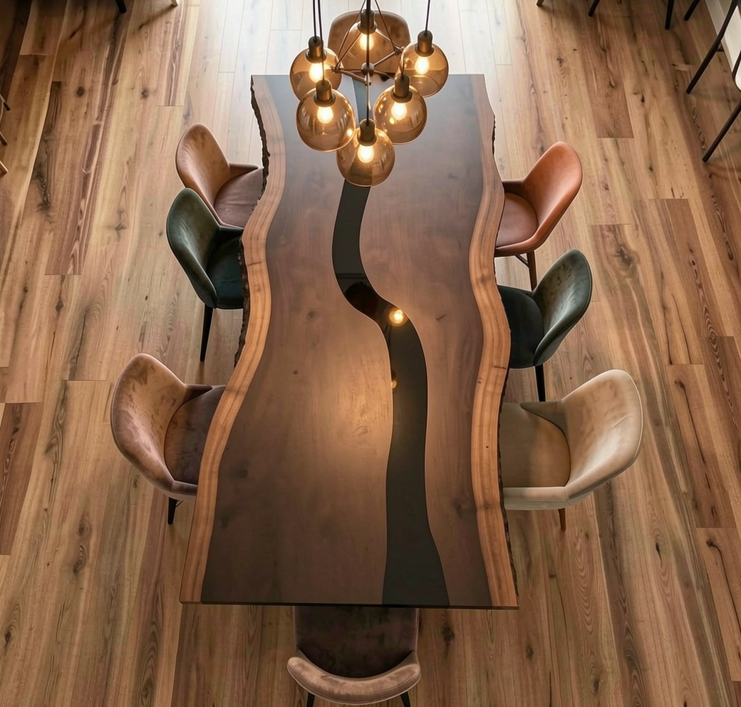 Custom Solid Black Walnut Table Top with Black Epoxy River Center