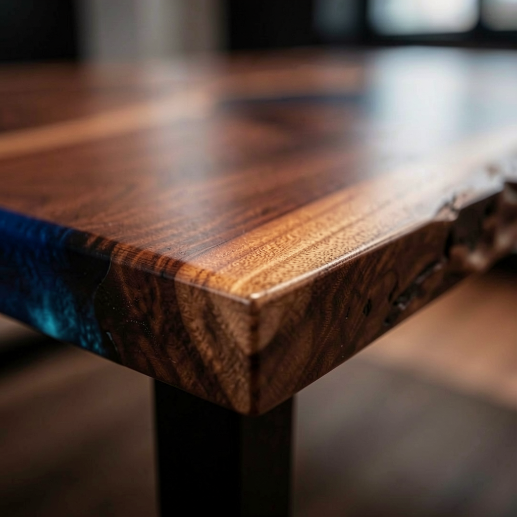 Custom-made wave-patterned epoxy resin dining table, made of black walnut wood.