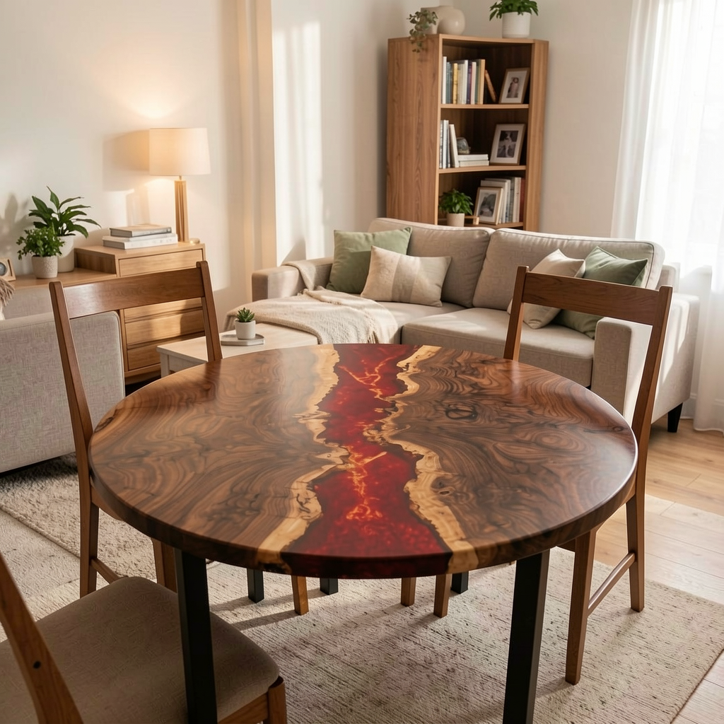 Custom-made epoxy resin dining table, made of black walnut wood.