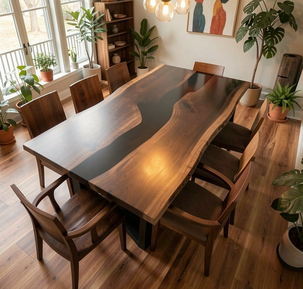 Custom Live Edge Black Walnut Epoxy River Dining Table Slab