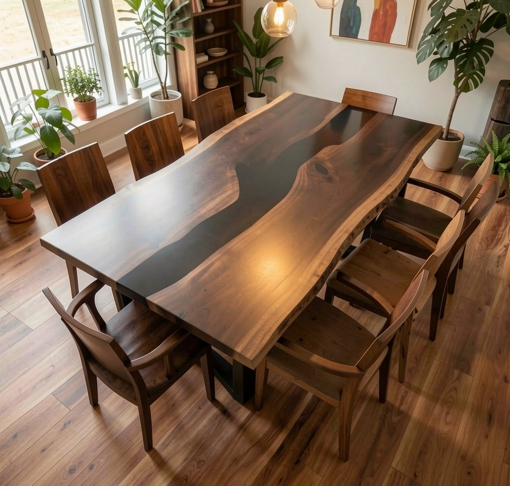 Custom Live Edge Black Walnut Epoxy River Dining Table Slab