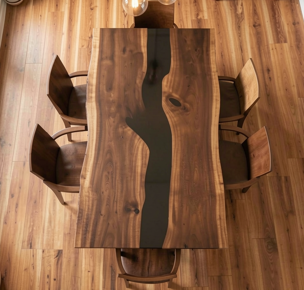 Custom Live Edge Black Walnut Epoxy River Dining Table Slab