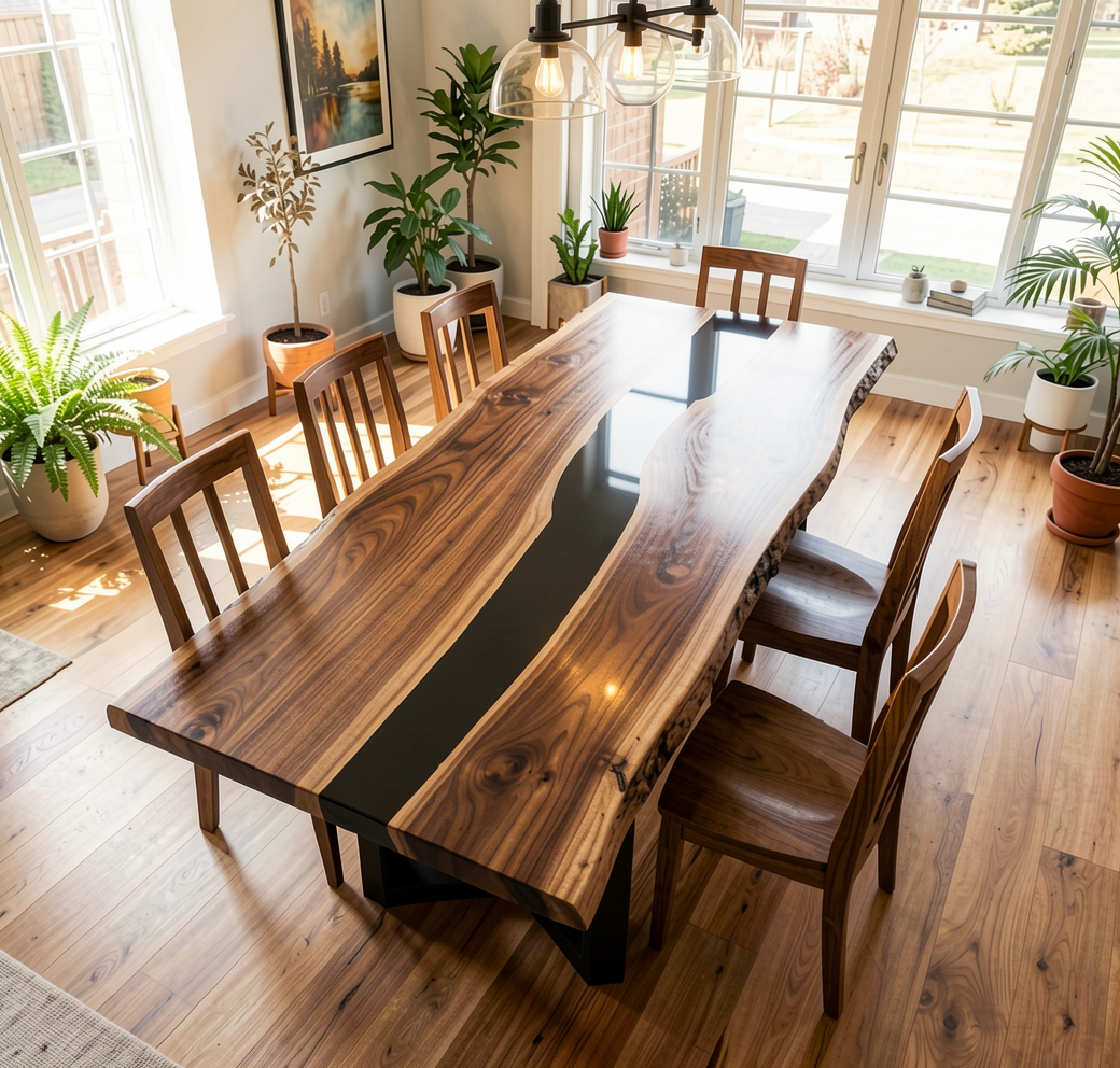Custom Natural Black Walnut Table Top with Black Epoxy River