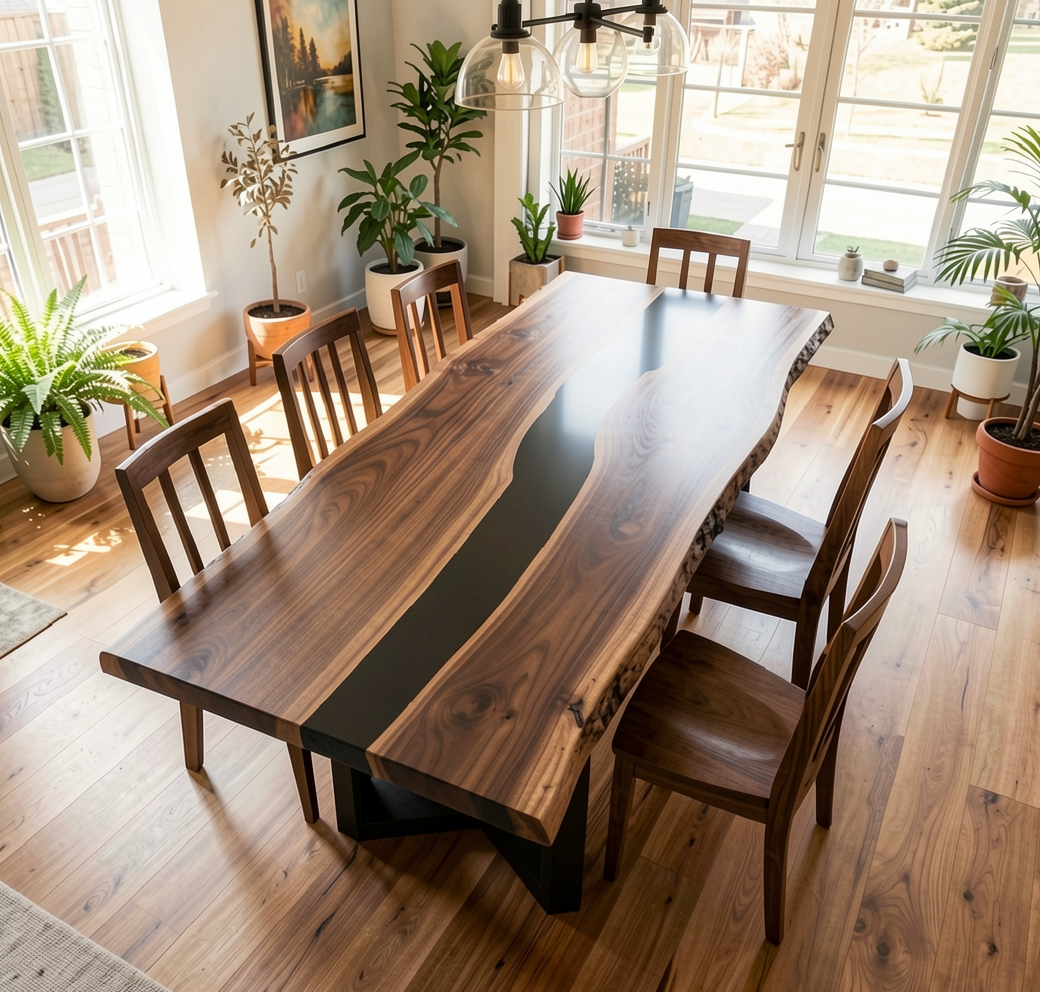 Custom Natural Black Walnut Table Top with Black Epoxy River