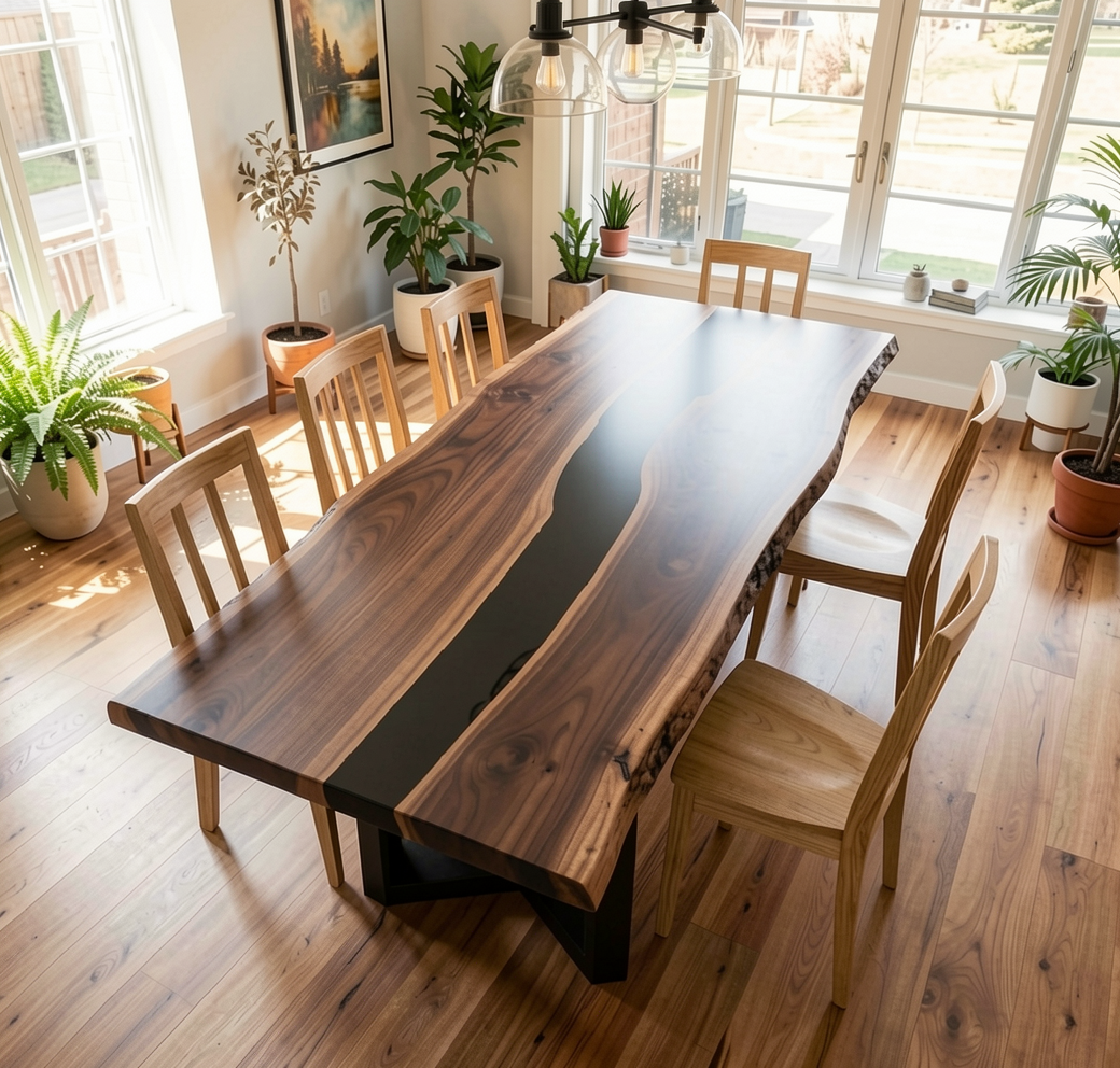 Custom Solid Black Walnut Table Top with Black Epoxy River Center