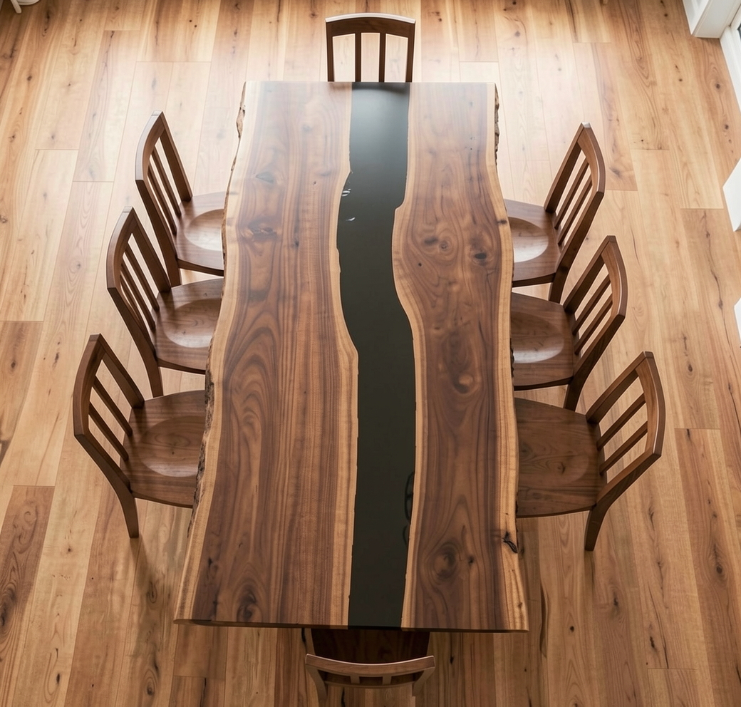 Custom Solid Black Walnut Table Top with Black Epoxy River Center