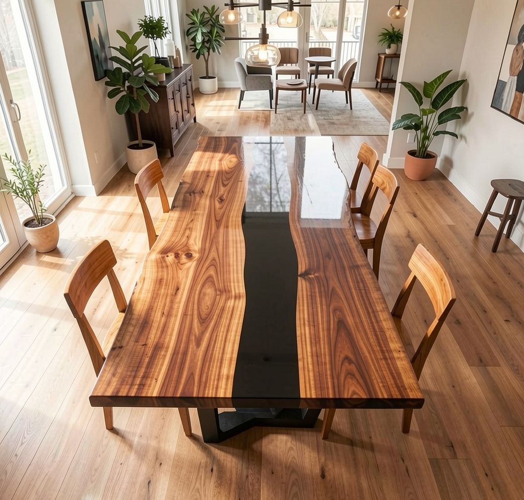 Custom Live Edge Black Walnut Dining Table Top with Black Epoxy River