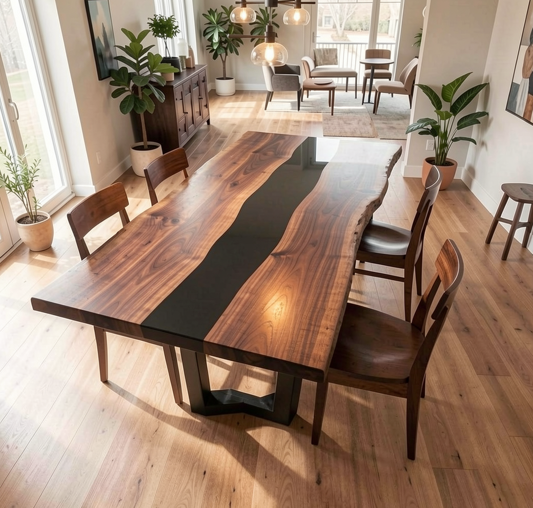 Custom Live Edge Black Walnut Dining Table Top with Black Epoxy River