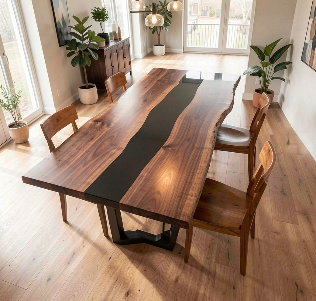 Custom Live Edge Black Walnut Dining Table Top with Black Epoxy River