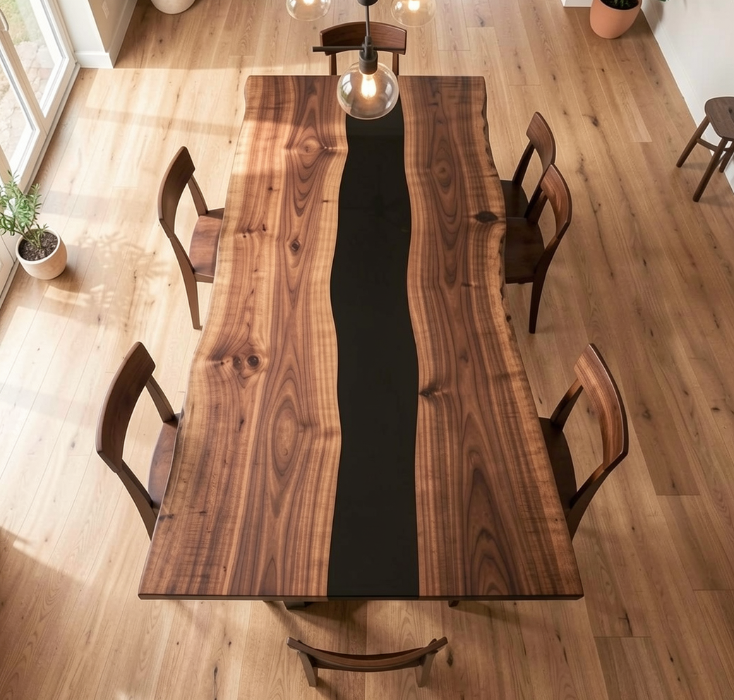 Custom Live Edge Black Walnut Dining Table Top with Black Epoxy River