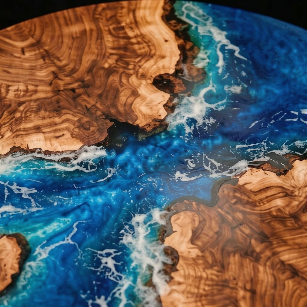 This custom-made, wave-shaped round coffee table is made of olive wood.