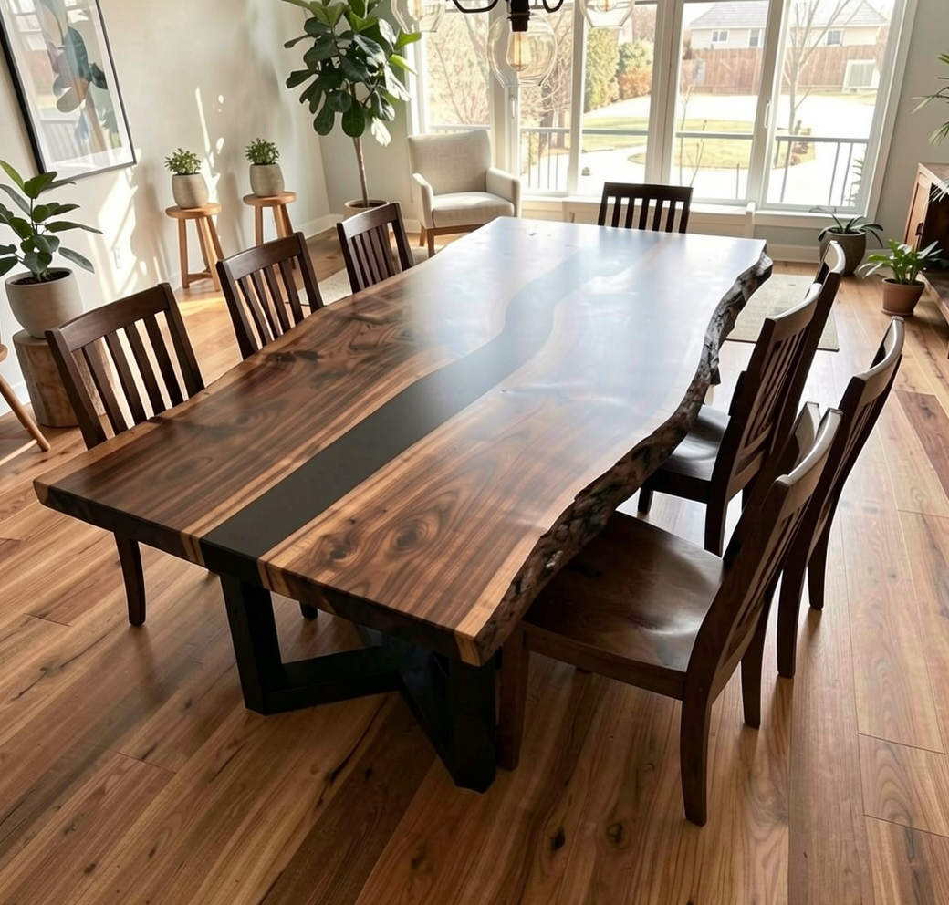 Custom Handmade Black Walnut Table Top with Black Epoxy River