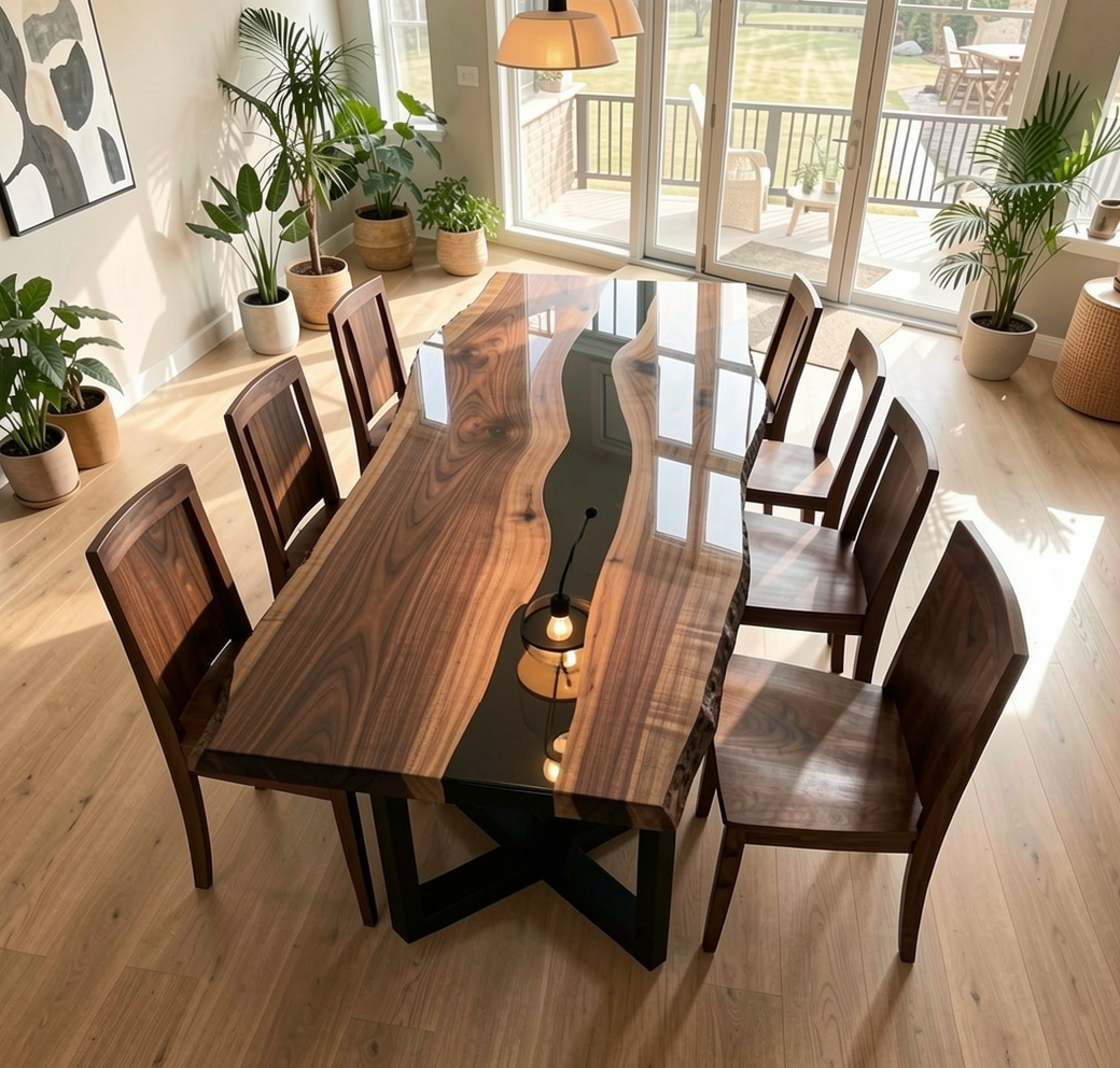 Custom Black Walnut and Black Epoxy River Dining Table Top