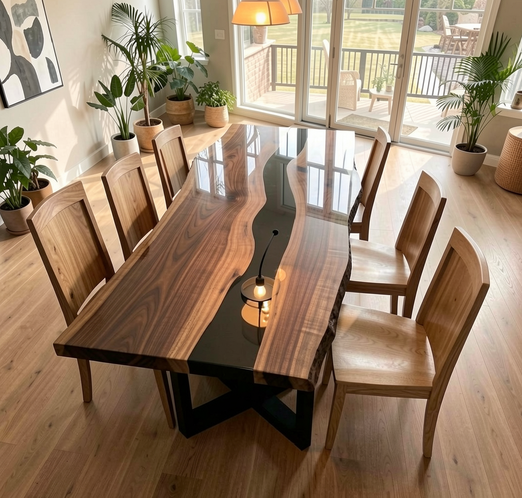 Custom Black Walnut and Black Epoxy River Dining Table Top