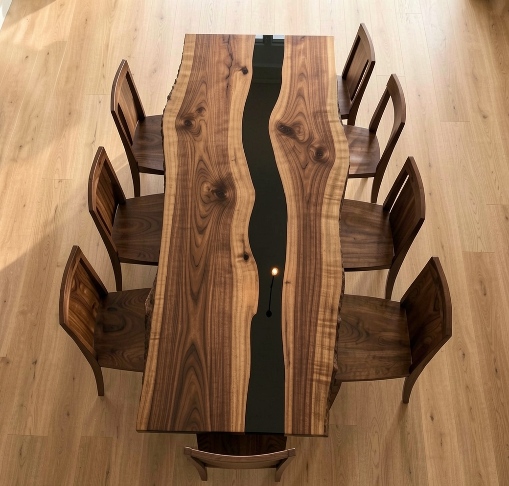 Custom Black Walnut and Black Epoxy River Dining Table Top