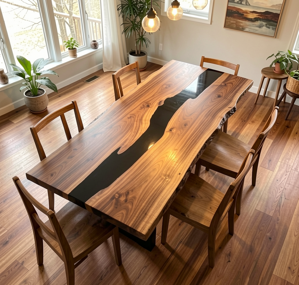 Custom Modern Black Walnut Table Top with Black Epoxy River Design