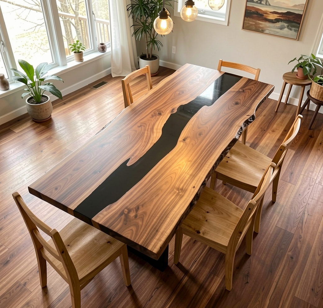 Custom Modern Black Walnut Table Top with Black Epoxy River Design