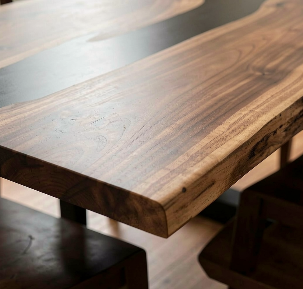 Custom Modern Black Walnut Table Top with Black Epoxy River Design