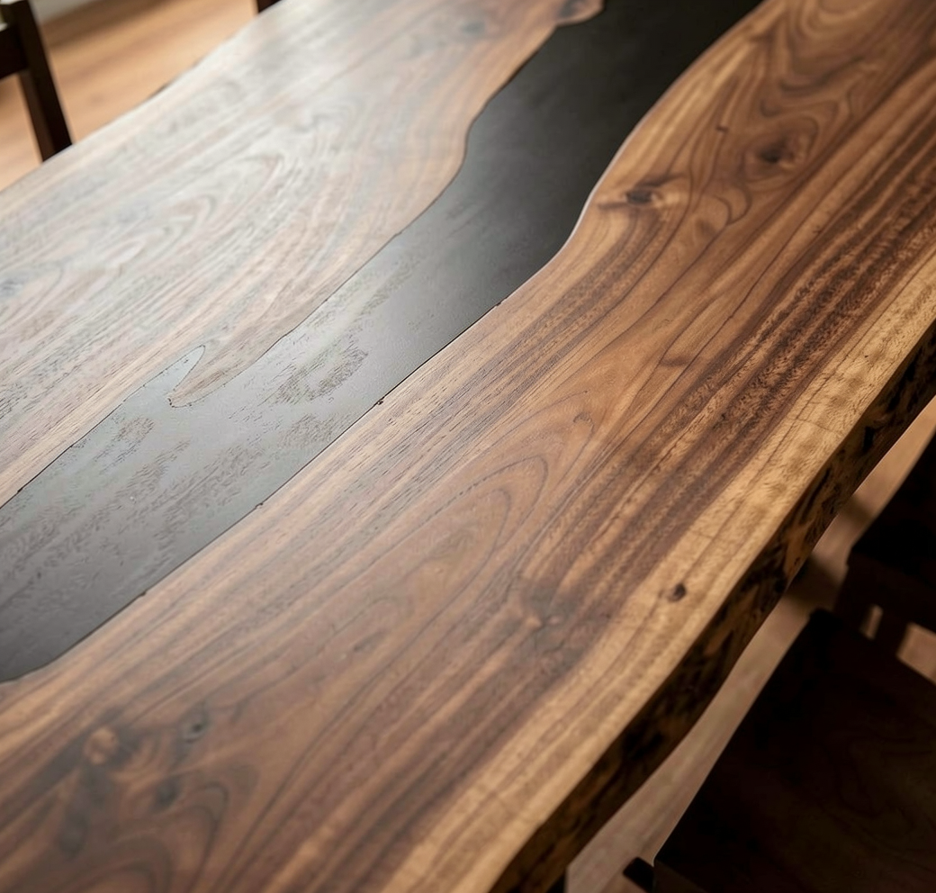 Custom Modern Black Walnut Table Top with Black Epoxy River Design