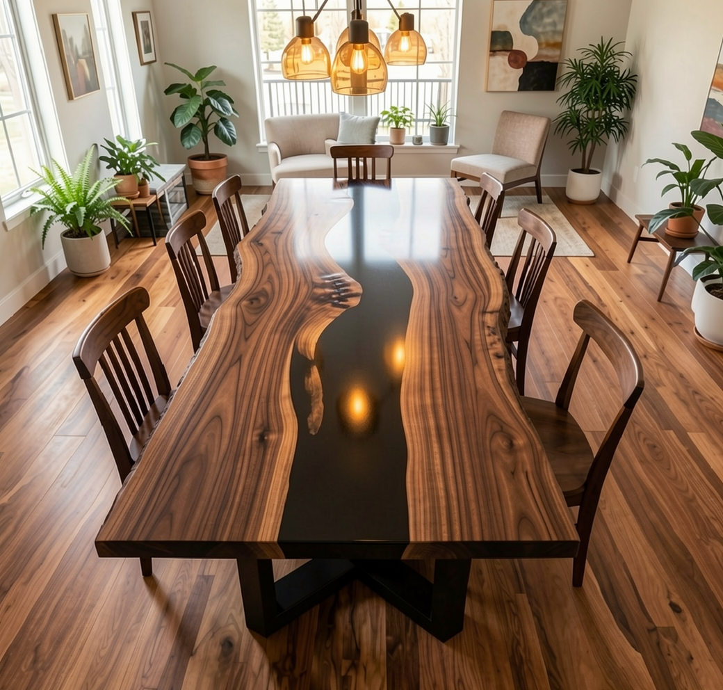 Custom Solid Wood Black Walnut Dining Table Top with Black Epoxy River