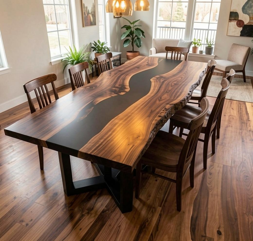 Custom Solid Wood Black Walnut Dining Table Top with Black Epoxy River