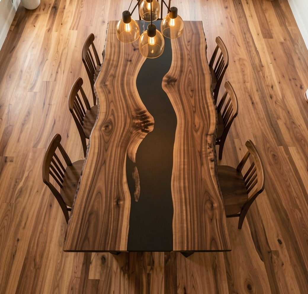 Custom Solid Wood Black Walnut Dining Table Top with Black Epoxy River