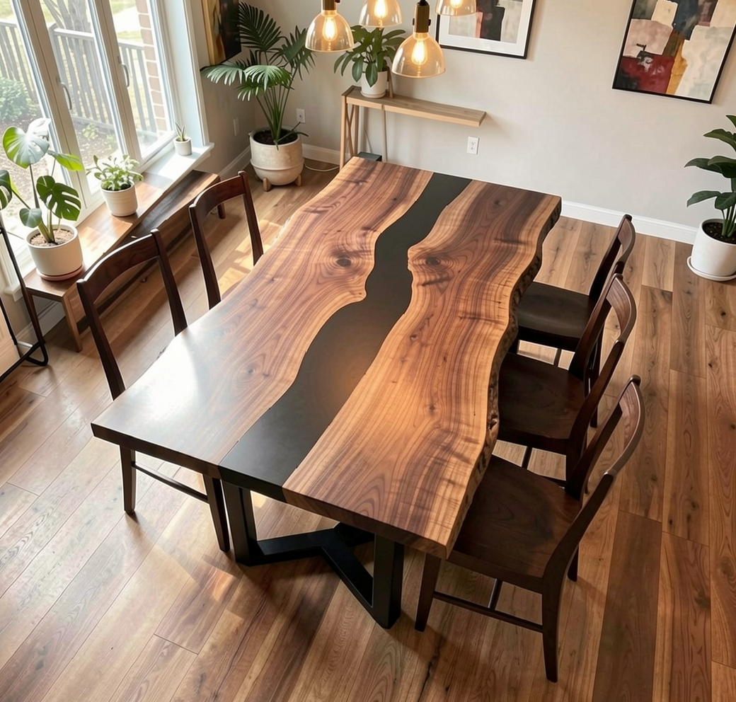 Custom Natural Edge Black Walnut Table Slab with Black Epoxy River