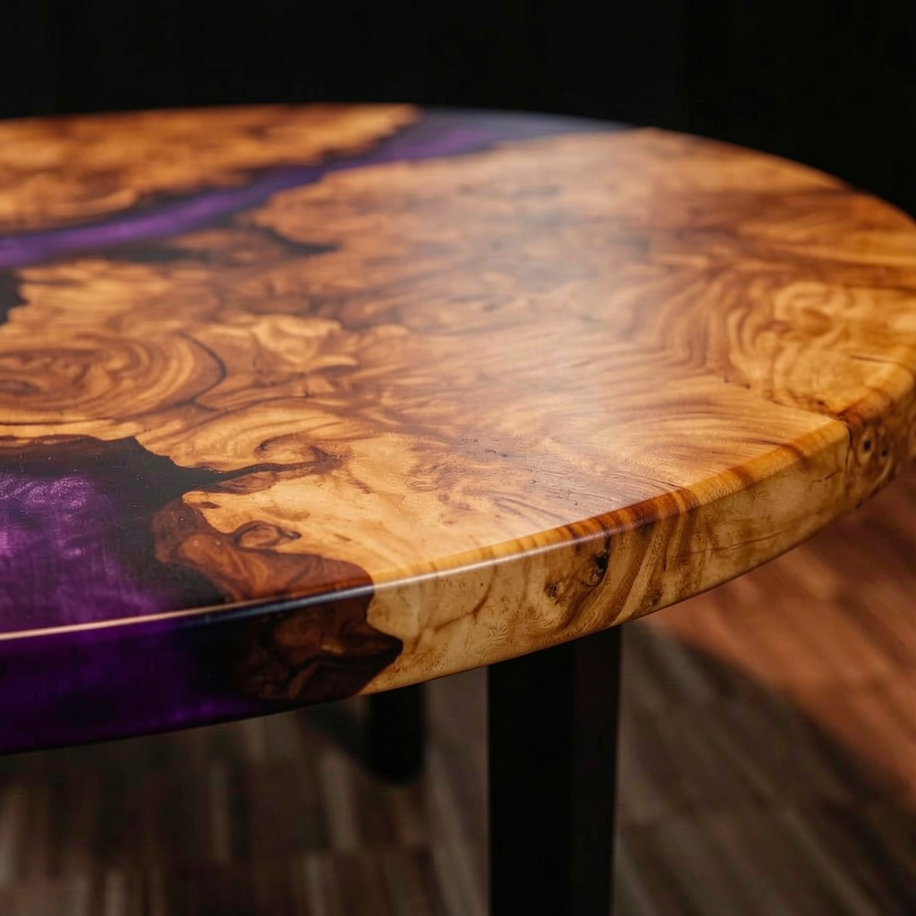 Custom purple epoxy resin olive wood dining table