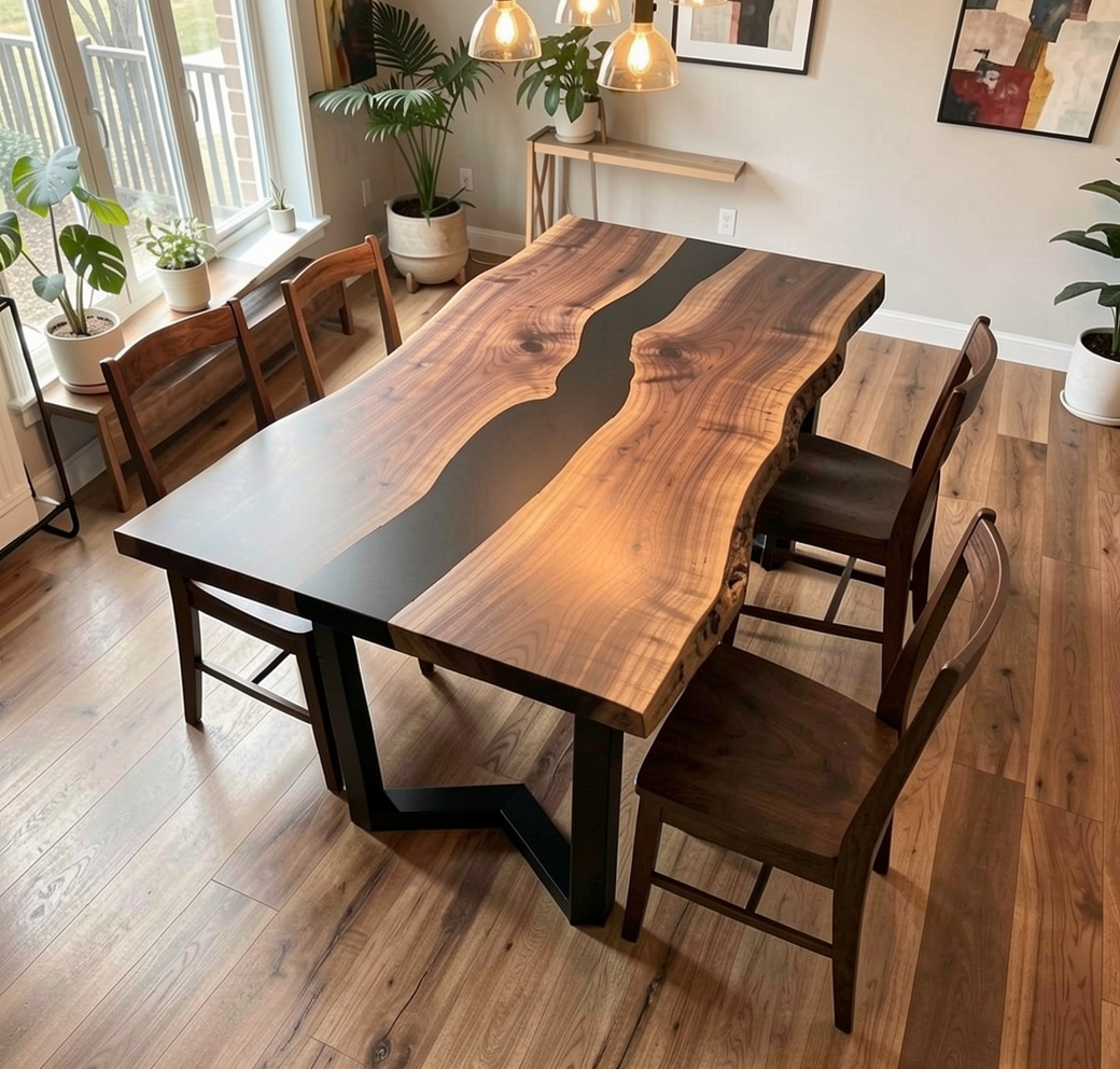 Custom Natural Edge Black Walnut Table Slab with Black Epoxy River
