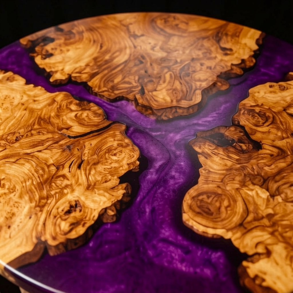 Custom purple epoxy resin olive wood dining table