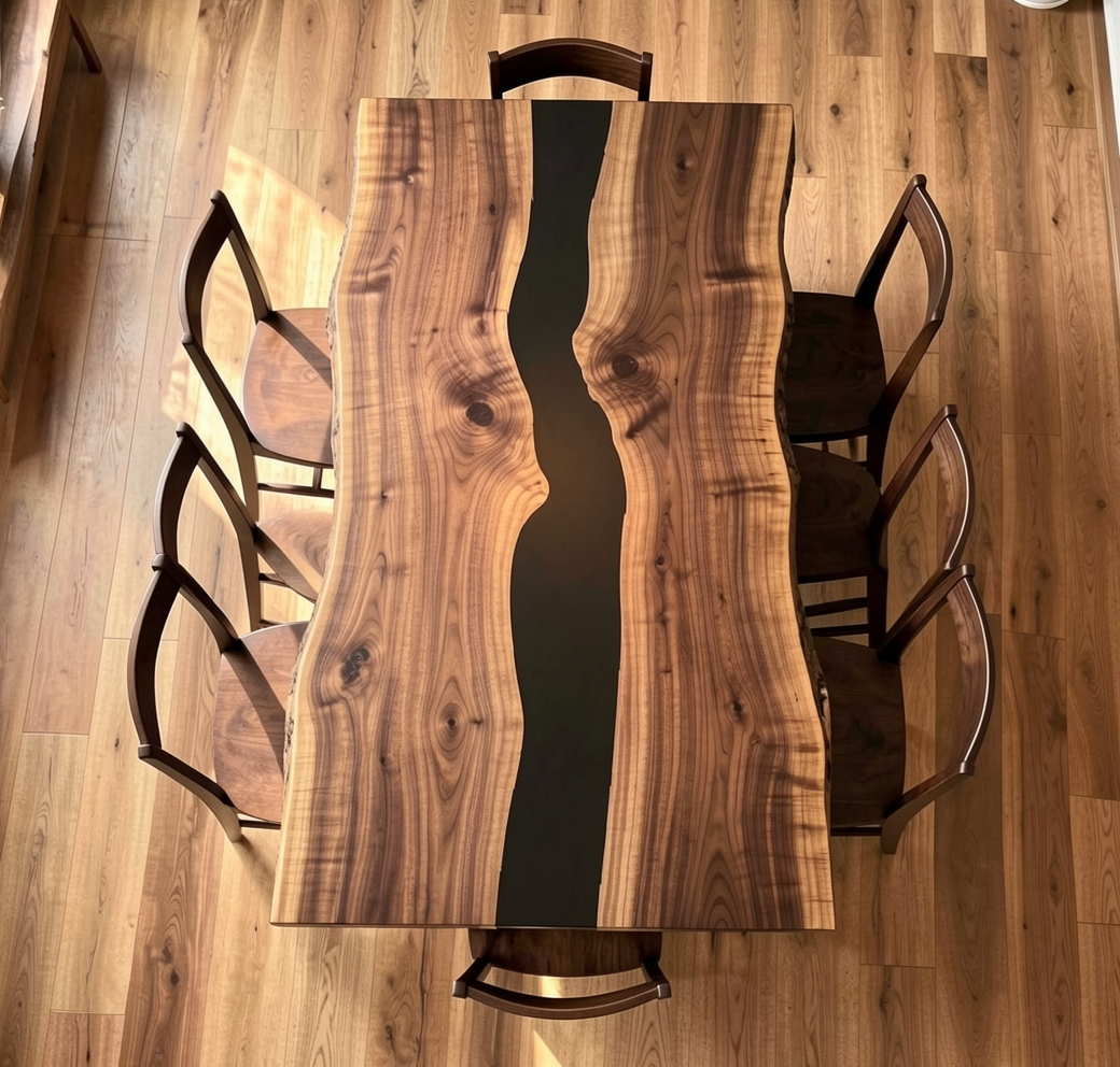 Custom Natural Edge Black Walnut Table Slab with Black Epoxy River