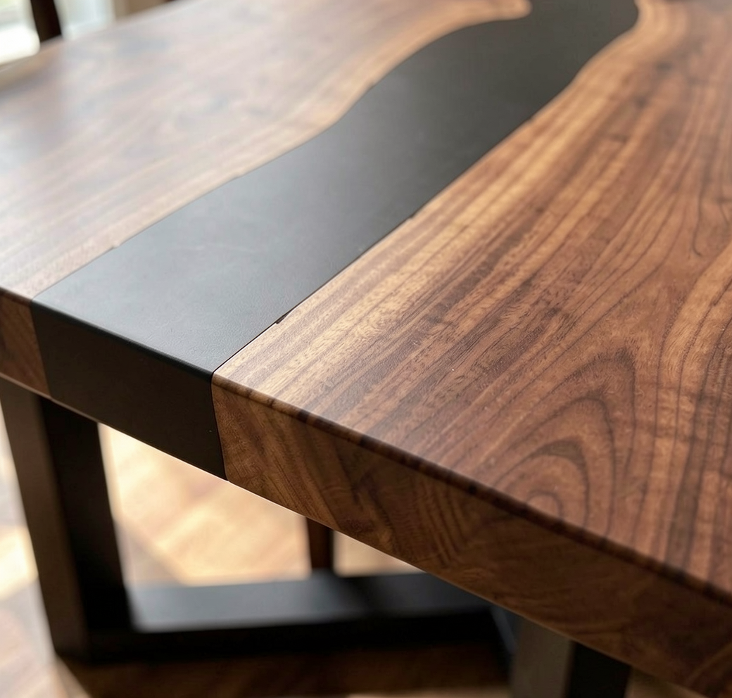 Custom Natural Edge Black Walnut Table Slab with Black Epoxy River