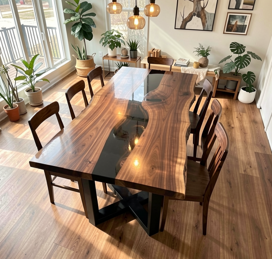 Custom Natural Edge Black Walnut Table Slab with Black Epoxy River
